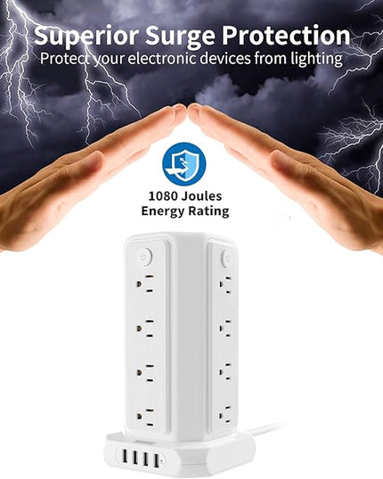 10 FT Extension Cord Power Strip Tower, 16 Widely Outlets 1875W 15A, Flat Plug Surge Protector with 4 USB Ports, Individual Switches, 1080 Joules, Overload Protection for Home Office Desktop, White