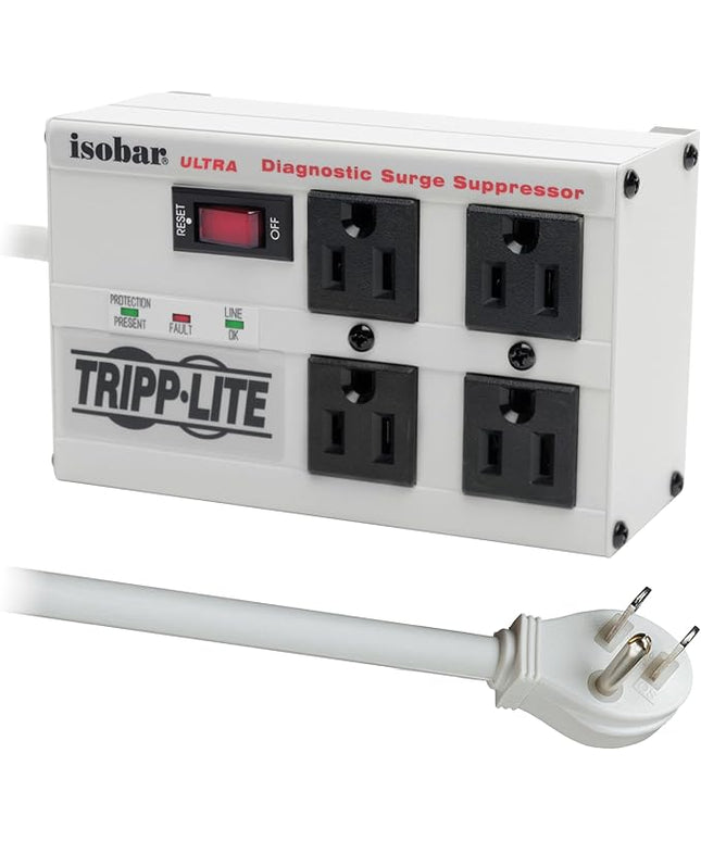 Tripp Lite ISOBAR4ULTRA Isobar 4 Outlet Heavy Duty Power Strip Surge Protector, 3330 Joules, 6ft Cord, Flat Plug, Metal Power Strip, Industrial Garage Work Shop Bench, Under Desk and Wall Mountable