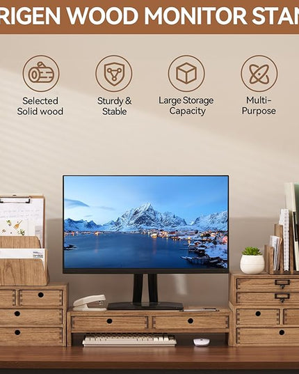 KIRIGEN Wood Monitor Stand with 2 Drawers - Computer Arm Riser Desk Storage Organizer,Speaker TV Laptop Printer Stand with Pen Slot and Cable Management,Dark Brown Desktop Shelf for Office DBR-2PMJ