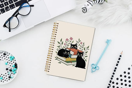 Black Cat Book Lover Spiral Notebook Journal 5.5x8.3, Cat Mom Lady Gifts Journal for Women, Book Lovers Gifts for Bookish Readers, Boho Floral Journaling Notebooks