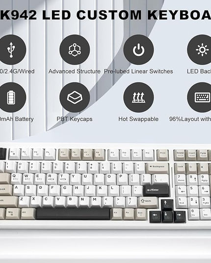 Wireless Game Mechanical Keyboard BT5.0/2.4GHz/USB, Multi-Color LED with 18+ Modes, Hot-Swappable Custom Keyboard, Red Creamy Switches, Gaming Keyboard for PC/Mac (Black White)