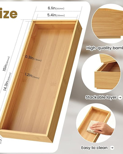 Bamboo Drawer Organizer, Stackable Utensil Trays for Kitchen, Wood Silverware Organizer for Drawer, Set of 2-15"x6"x2"