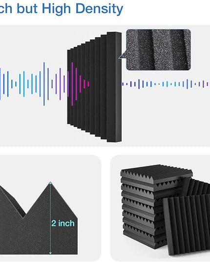 48 Pack Sound Proof Foam Panels for Walls,2" X 12" X 12"Self-Adhesive Foam Acoustic Panels Sound Absorbing,High Density Quick-Recovery Soundproof Wall Panels -Black