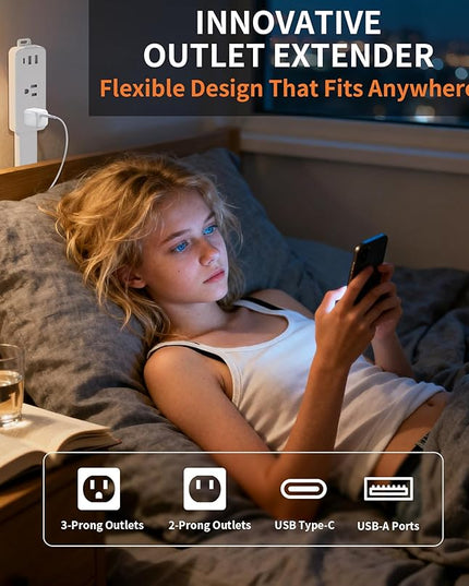2 Pack Electrical Outlet Extender Stick Features 2 USB-A, USB-C and 2 AC Outlets, Extendable to 6", 15.3", 24.5", 34", for Hard to Reach Spaces Use Behind Couches, Nightstands, Desks, and More
