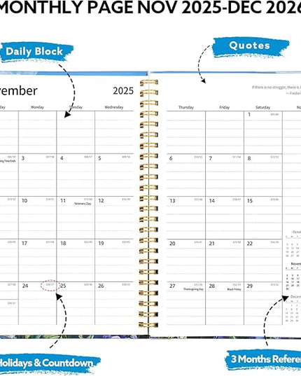 2026 Planner, Weekly and Monthly Planner, January 2026 - December 2026, Calendar Planner A5 (6.5" x 8.5") with Tabs, Inner Pocket for Home School Office Supplies, Purple Flower