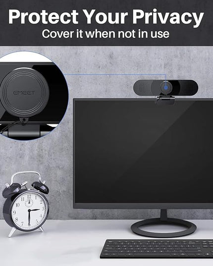 EMEET C980 PRO 3-in-1 1080P Webcam with Microphone and Speaker, 60°-98° Wide Angle Webcam w/ 4 Noise Cancel Mics, 2 Speakers, Auto Low Light Correction W/Cover, USB Camera for Online Conference/Class