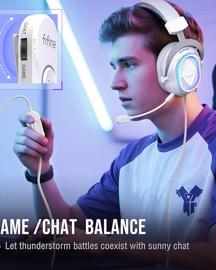 FIFINE USB Gaming Headset: Flowing RGB Lighting - 7.1 Surround Sound - Detachable Mic - Soft Ear Pads, Over-Ear Headset with Control Box, for PC, Laptop, Mac, PS5/PS4 - AmpliGame H13WP (White&Purple)