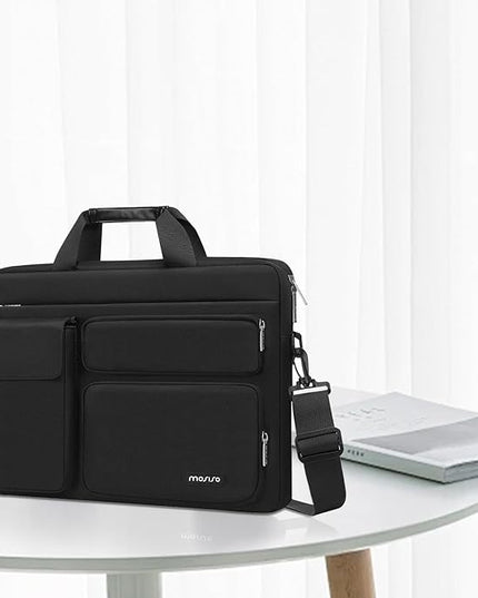 MOSISO Laptop Shoulder Bag 17.3 inch, 17-17.3 inch Computer Bag Compatible with Dell XPS/HP Pavilion/Ideapad/Acer/Alienware/HP Omen with 2 Raised&1 Flapover&1 Horizontal Pocket&Handle&Belt, Black