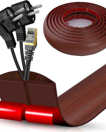 Floor Cord Cover Cavity 0.8"x0.37" Self Adhesive Cord Hider, 10FT Low Profile Cable Management, Extension Strip Protector for Wires, Prevent Cable Trips for Offices, Gyms, Exhibitions（Red Teak）