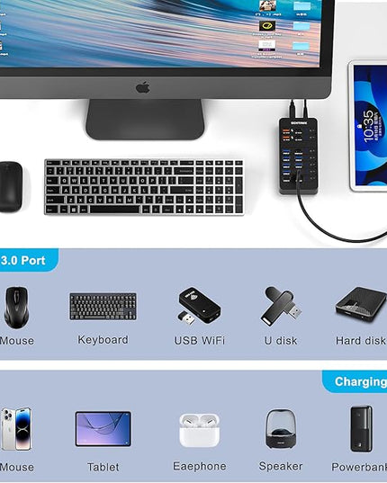 Powered USB Hub,14 Ports USB Data Hub Splitter with 6 USB 3.0 Port,4 Charging Port,1 USB-C 3.0 Data Port,1 PD 60W Charging Port w LED Individual On/Off Switches for MacBook,Mac Pro,Laptop/PC