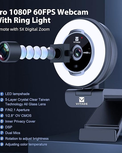 Zoomable Webcam with Remote Control, 1080P 60FPS Streaming Webcam with Adjustable Ring Light and Tripod, Pro USB 5X Digital Zoom Webcam for Zoom/Skype Teams/Laptop/Mac Windows