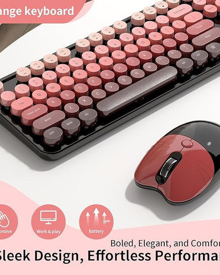 Wireless Keyboard and Mouse, 104 Round Keycaps Retro Typewriter with OTG & Brush, Full-Size Ergonomic, Ideal for Windows PC, Home, Office and College Black Pink
