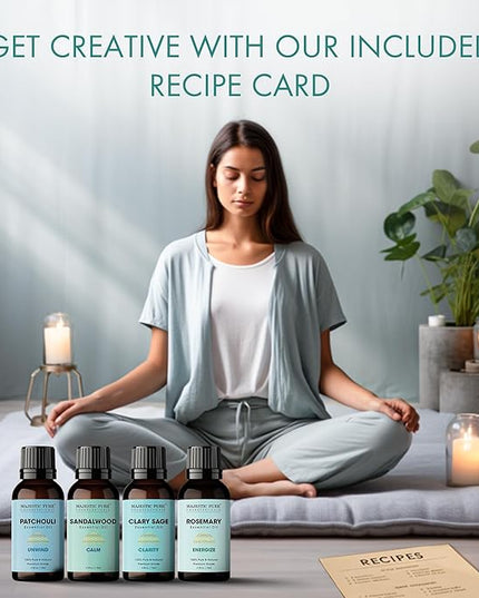 Majestic Pure, Rosemary, Sandalwood, Clary Sage and Patchouli Meditation Essential Oil Set | Perfect for Meditation, Yoga, Relaxation or Mindful Mornings | Pack of 4 x 0.3 Fl Oz