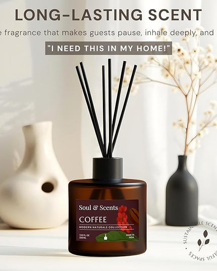 Soul & Scents Reed Diffuser Set – Coffee | 7.43 oz Refillable Scented Oil with 6 Fiber Sticks | Long-Lasting Home Fragrance & Air Freshener for Bedroom, Bathroom, Office | Gift & Décor Piece