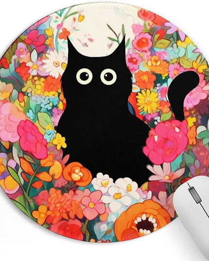 Black Cat Flower Small Mouse Pad, Cute Aesthetic Anime Mousepad with Non-Slip Rubber Base, Round Mouse Pads for Desk Accessories Laptop Gaming Office Supplies Decor(8.6 x 8.6 Inch)