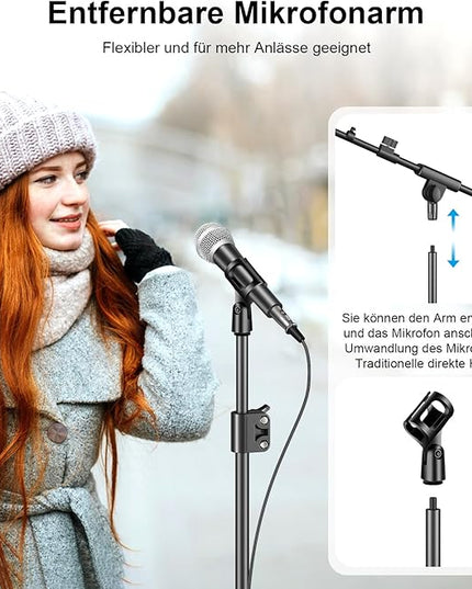 Microphone Stand, Tripod Boom Arm Floor Mic Stand Height Adjustable Heavy Duty with Carrying Bag 2 Mic Clips 3/8" to 5/8" Adapter for Singing Podcast for Blue Yeti Shure SM58 SM48 Samson Q2U
