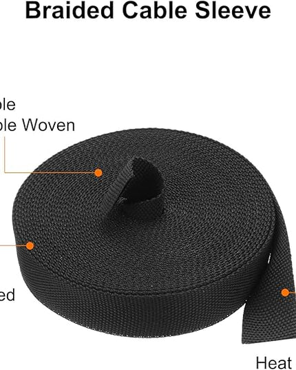 MECCANIXITY Braided Cable Sleeves Heat Shrinkable Fabric Sleeving, 5/8" 33ft Black 2:1 Ratio Heat Shrinkable Cord Protector for Harness Cable, Network Cable Protection, Cable Management