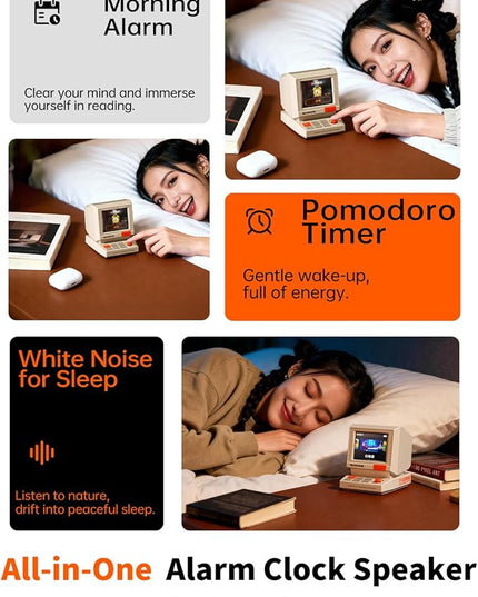 Divoom MiniToo Retro Bluetooth Speaker with Pixel Display, App-Controlled Clock & Alarm, White Noise, Compact Desk Speaker for Travel & Gifts