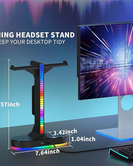 RGB Headphone Stand - Dual Gaming Headset Holder with 3 USB Charging Station and 3.5mm Audio Port,8 Light Modes, Suitable for Gaming, Wireless Earphone Display, Gamer Gifts for Men (Black)