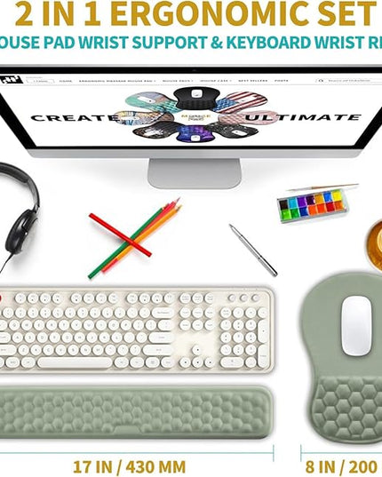 Hokafenle 2 in 1 Ergonomic Mouse Pad Wrist Support & Wrist Rest for Computer Keyboard Set, with Relieve Carpal Tunnel Pain Massage Bulge and Full Memory Gel Design (2In1 Set, Light Green)