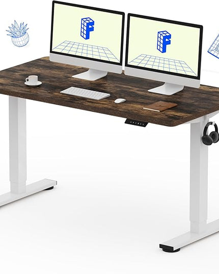 FLEXISPOT EN1 One-Piece 55 x 28 Inches Electric Stand Up Desk Workstation Home Office Computer Standing Table Height Adjustable Desk (White Frame + Rustic Top, 2 Packages)