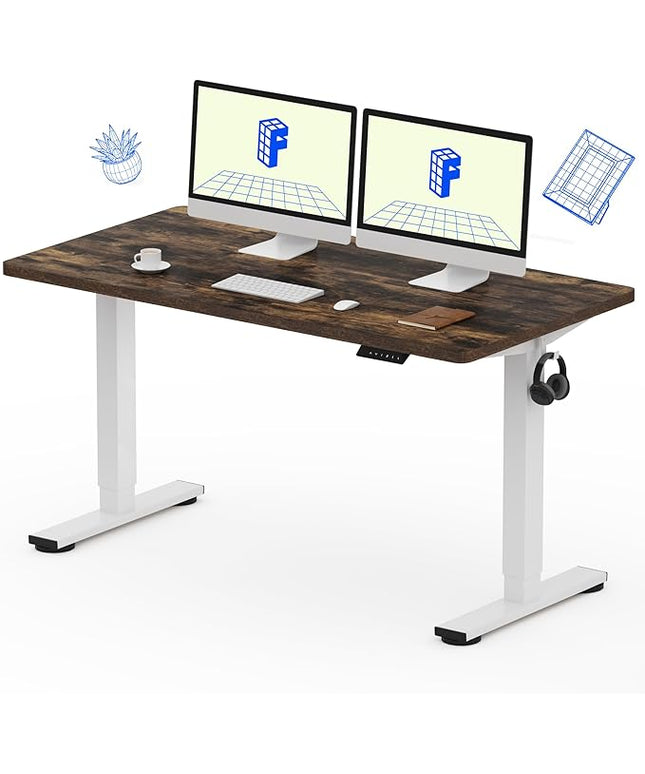 FLEXISPOT EN1 One-Piece 55 x 28 Inches Electric Stand Up Desk Workstation Home Office Computer Standing Table Height Adjustable Desk (White Frame + Rustic Top, 2 Packages)
