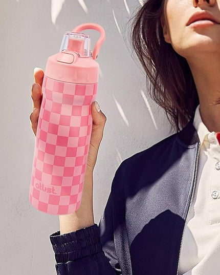 Magnetic Water Bottle with Straw 18 oz - Stainless Steel Insulated Tumbler for Gym & Bike (Fits Holders) - Leak Proof Pop-Up Lid, 2-in-1 Sip or Chug, Handle & Cute Pink Checkered Print
