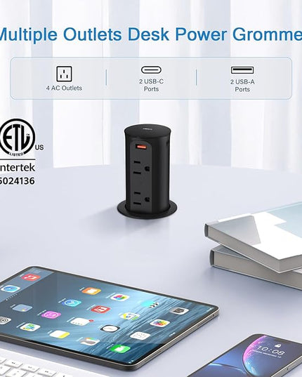 Pop up Outlet for Countertop,65W USB C Fast Charging Port,2.5-inch Hole Desktop Power Grommet,Recessed Power Strip,4 Outlets 4 USB Ports,15Amp Tamper Resistant Receptacle，ETL Listed (Black)