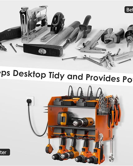 CCCEI Modular Power Tool Organizer Wall Mount with Charging Station. Garage Drill Storage Shelf with Hooks, Heavy Duty Rack, Tool Battery Holder Built in 8 Outlet. Gift for Men. Orange, 1 Pack.