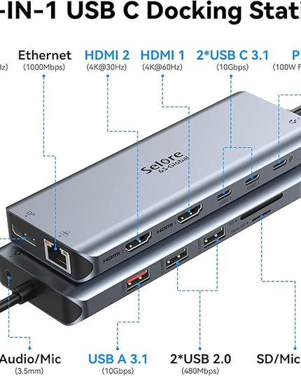 Selore Laptop Docking Station Dual Monitor, USB C Hub,USB C Docking Station with Dual HDMI,DP,10G USB A/C,100W PD,5 USB A/C Ports,Triple Display Laptop Docking Station for Dell,Hp,Lenovo,MacBook.etc