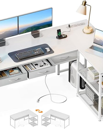 AODK 53 Inch L Shaped Computer Desk with Drawers, Corner Desk with Power Outlets & Reversible Storage Shelves, for Home Office Gaming, White