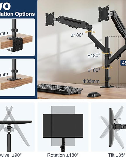 Dual Monitor Mount for 17 to 40 inches, Holds up to 26.4 lbs, Monitor Desk Arms for 2 Monitors Vertical/Parallel Placement, with Clamp/Grommet Base, VESA Mount 75/100 mm