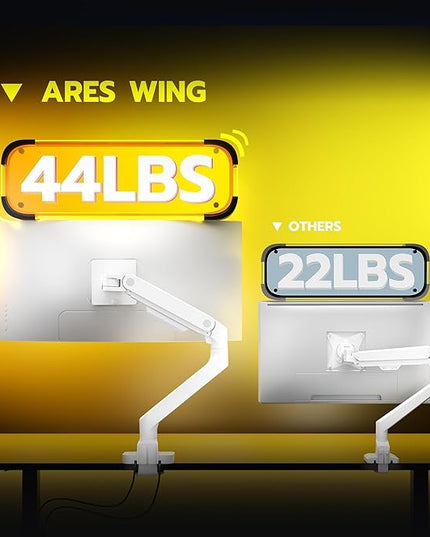 ARES WING Ultrawide Monitor Arms White with USB A/C, Heavy Duty Monitor Arm for 17 to 49 inch Screen, Holds 44 lbs, Adjustable Gas Spring Desk Mount with Clamp and Grommet Base