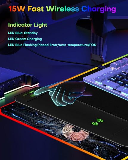 2-in-1 RGB Gaming Mouse Pad with Wireless Charging, 31.5"x15.8" Large, 24 Light Effects, Non-Slip Base, Waterproof Ultra-Smooth Surface, No Adapter