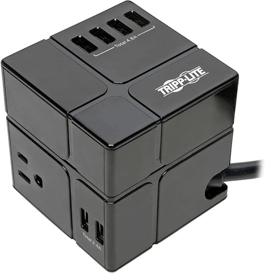 Tripp Lite 3 Outlet Surge Protector with USB, Detachable Wall Outlet Surge Protector, 6 USB Ports, 6 ft. Cord, 540 Joules, Black, TLP366CUBEUSBB