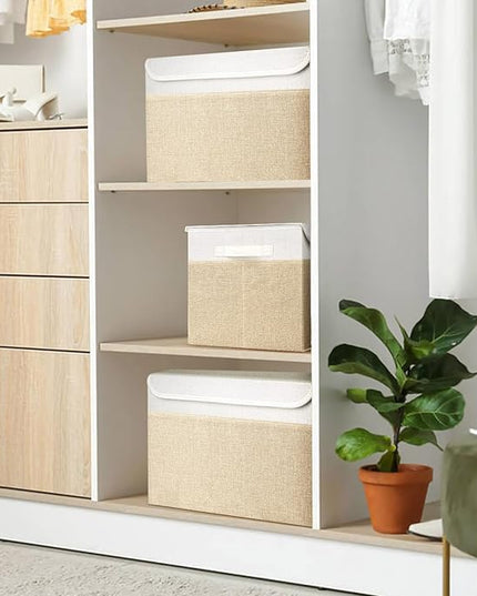 Large 22 Quart Linen Fabric Foldable Storage Bin Cube Organizer Basket with Flip-Top Lid & Handles, Clothes Blanket Box for Home, Office, Closet, Beige & White, 4 Pack 14.6 x 9.5 x 9.5”
