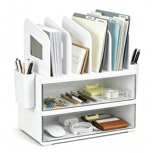 CiWiVOKi Desk Organizer with 4 File Slots and 2 Drawers, White