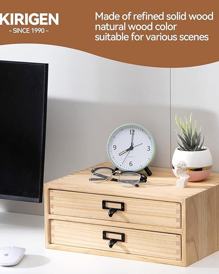 Kirigen Natural Wood Desktop Storage Cabinet -Shallow Type Drawers - Fax Stand with metal handle - Small File organizer Size 13.78"L*10.6"W*5.9"H(NA, 2-Layer &2 Drawers)