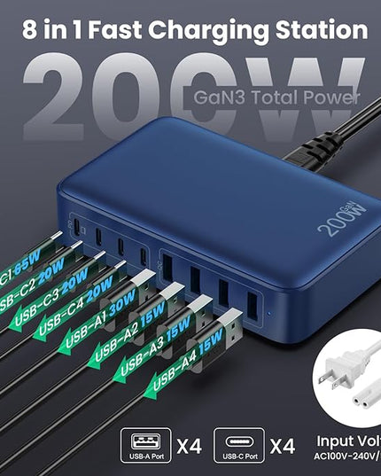 USB C Charger 200W USB C Charger Block,Upgraded GaN III 8-Port Fast Charging Station Hub,PD 65W Laptop Charging Adapter Compatible with MacBook Pro/Air,DELL,Steam Deck,iPhone 16/15/14,Galaxy S23/22