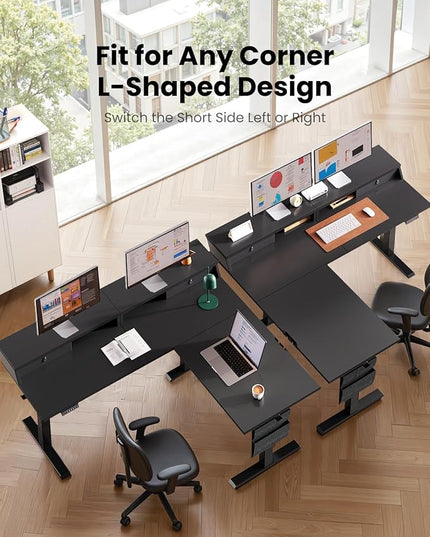 ErGear L Shaped Electric Standing Desk, 63" Ergonomic Corner Height Adjustable Desk with Drawers, Sit Stand Computer Table with Storage for Work Office Home, Black
