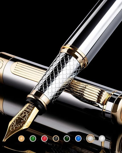 Scriveiner Personalized Silver Chrome Fountain Pen - Stunning Luxury Pen, Real Gold Plating, Schmidt Gilded Nib (Medium) Best Engraved Pen Gift Set for Men & Women, Custom Name Engraving