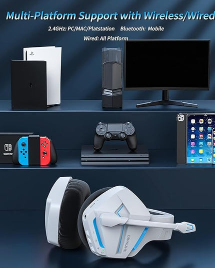 BINNUNE 2.4GHz Wireless Gaming Headset, Bluetooth 5.3 Gaming Headphones with Noise Canceling Mic, 120H Ultra-Long Battery, 50mm Drivers, Multi-Platform for PC / PS5 /PS4/ Switch/Mobile, White