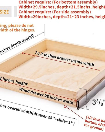 Mulush 28”W x 21”D x 3”H Soft Close Slide Out Wood Drawer Organizer for Kitchen, (Cabinet Opening>29.5 inches for Bottom Assembly, Width= 29 inches for Side Assembly)