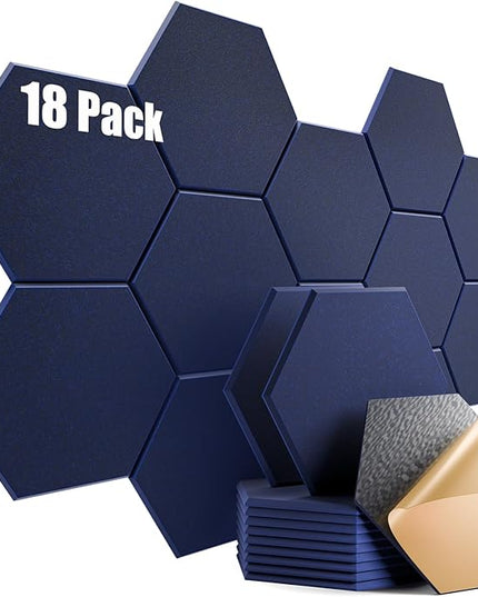 18 Pack Self-Adhesive Acoustic Panels 12" X 10" X 0.4" - Sound Proof Foam Panels for Wall with High Density, Hexagon Design, Flame Resistant, Absorb Noise and Eliminate Echoes(Dark Blue)
