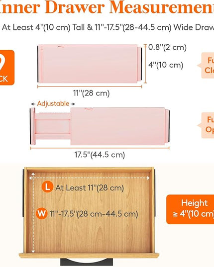 Lifewit 9 Pack Drawer Dividers 4" High, 11-17" Adjustable Drawer Organizers for Clothes, Expandable Dresser Separators in Bedroom/Bathroom/Kitchen/Fridge/Office Organization and Storage, Pink