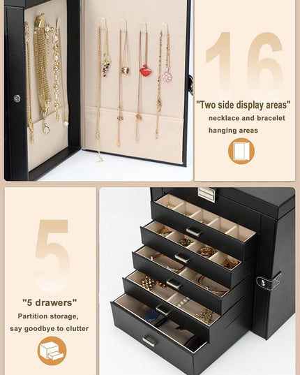 BOOVO Jewelry Box For women, 6 Layer Large Jewelry Organizer With Mirror, Multi-Function Storage Box With Lock, Necklace Holder With 5 Drawers, For Earrings Necklace Bracelet (Silver and Black)