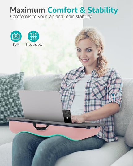 Istudyniture Lap Desk | Portable Laptop Desk & Stand – Fits Up to 17 inch – Washable Cushion, Built-in Phone Holder – for Bed, Couch, Sofa, Floor – Writing, Reading, Home Office – Large, Pink