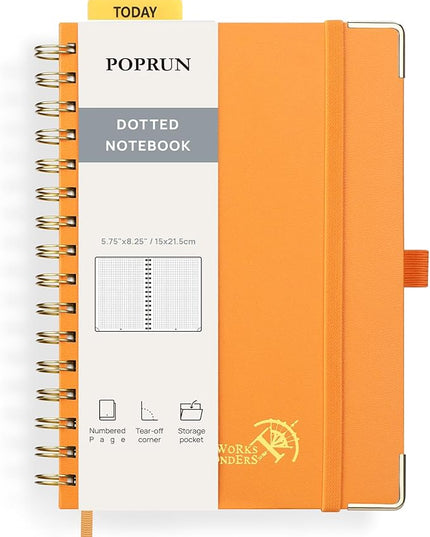 POPRUN Spiral Dotted Journal Notebook, [A5-5.75'' x 8.25''] - 120 GSM Thick Paper, 141 Numbered Pages, Hardcover for Men & Women with Pocket, Index Tabs, 8 Perforated Sheets, Orange