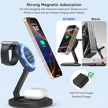 3 in 1 Foldable Wireless Charger iPhone Charging Station, 2Pack Magnetic Stand Wireless Charger Dock for Apple Multple Devices, with PD Adapter and USB C Cable for iPhone, iWatch & Airpods All Series