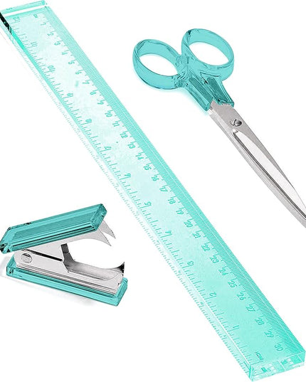 OfficeGoods 3 Piece Acrylic Desk Set - Includes Ruler, Staple Remover, Scissors - Functional & Elegant Desk Accessories - Stationery Tools for Home, Office, and School - Green with Silver Metal